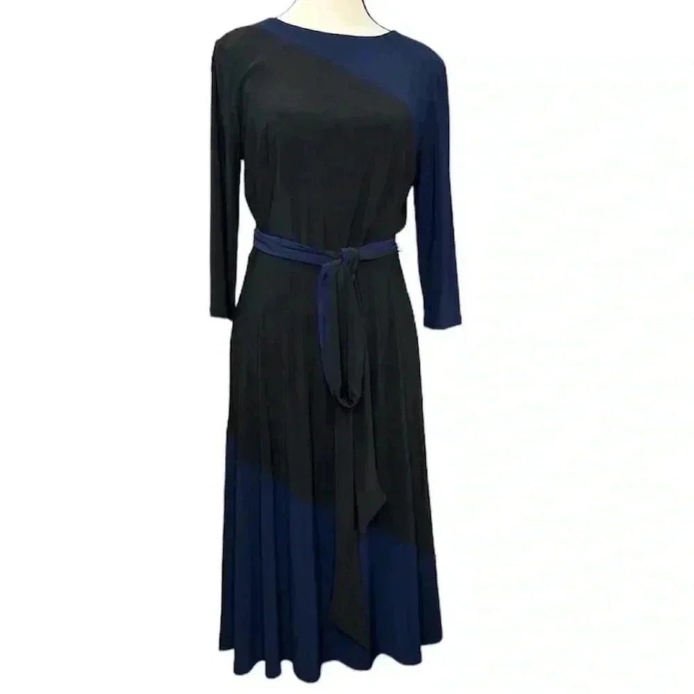 Lauren Ralph Lauren Women's Sz 8 Two-Tone Jersey Knit Belted A- Line Midi Dress